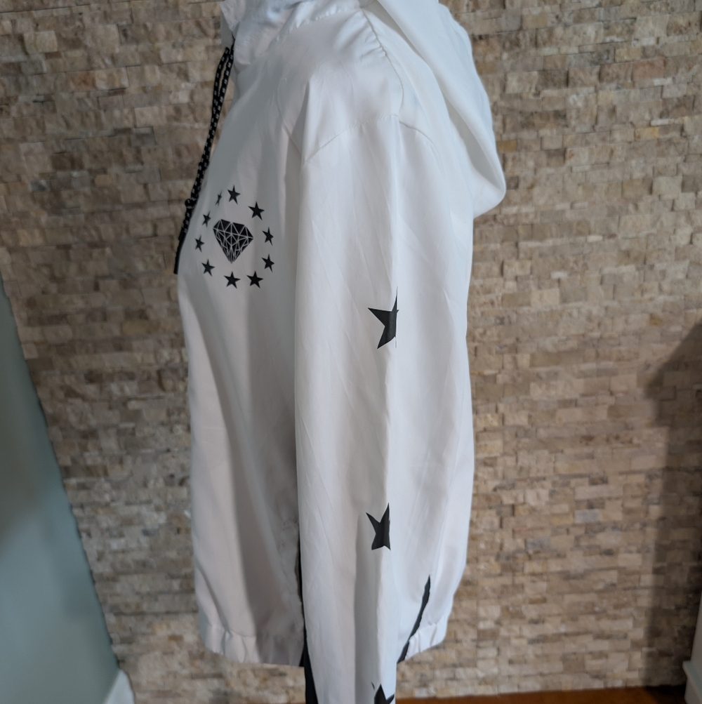Streetwear Diamond Star Graphic Black White Hooded Windbreaker Jacket Sz S image 3